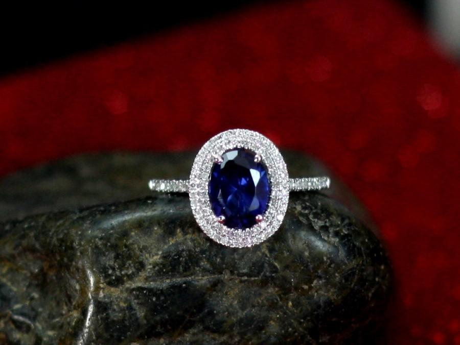 Mariage - Blue Sapphire Engagement Ring Oval Halo Diamond Urania Double Diamond Cut 2ct 8x6mm Custom Size White-Yellow-Rose Gold-10k-14k-18k-Platinum