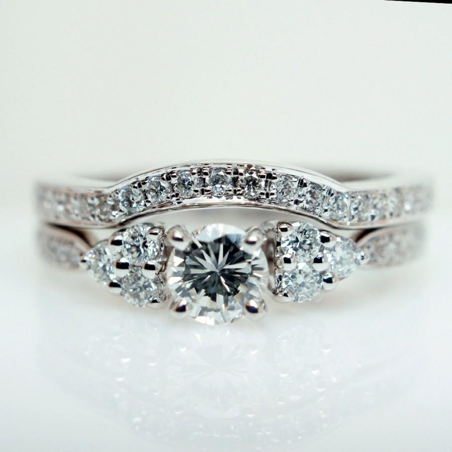 Wedding - SALE - Vintage Style .74ctw Round Diamond Engagement Ring & Band Set - 14k White Gold - Size 6 - (Complete Bridal Wedding Set)