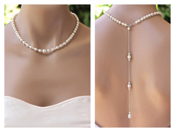 Свадьба - Pearl Back Drop Necklace, Bridal Backdrop Pearl Necklace, Bridesmaids Necklace , Wedding Necklace,