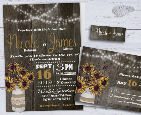 زفاف - Printable Country Wedding Invitations, Sunflower Wedding Invitations, Western Wedding Invites, Rustic Wedding Invitation w/ Mason Jar