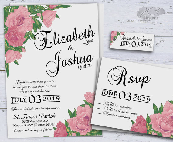Wedding - Wedding Invitations, Printable Pink Spring Wedding Invitations, DIY Summer Country Wedding Invites, Calligraphy, Boho, Peonies, Floral