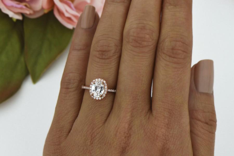 Wedding - 1.5 ctw Classic Oval Halo Engagement Ring, Wedding Ring, Man Made Diamond Simulants, Oval Promise Ring, Sterling Silver, Rose Gold Plated