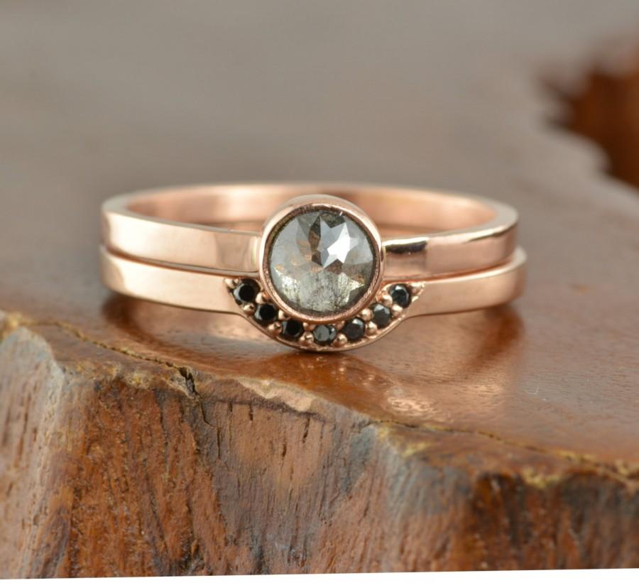 زفاف - Black Rose Cut Diamond Ring, 14k Rose Gold