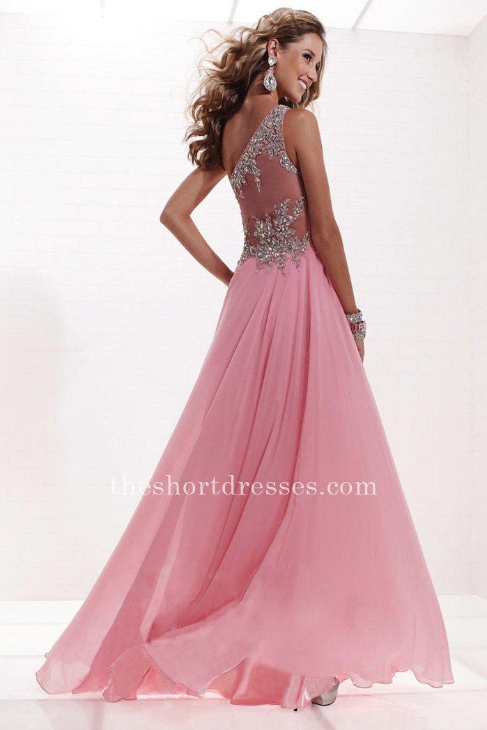 Hochzeit - Floor Length Beaded Bodice Pink One Shoulder Prom Dresses