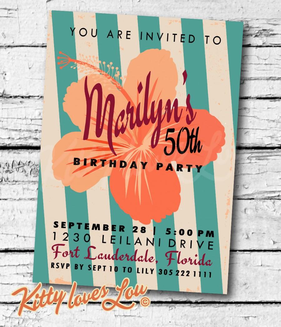 Hochzeit - PRINTABLE Birthday Party Invitation Bridal Shower bachelorette hens Hawaiian Miami Retro invite 5 x 7 Hibiscus Digital PDF Cottage diy