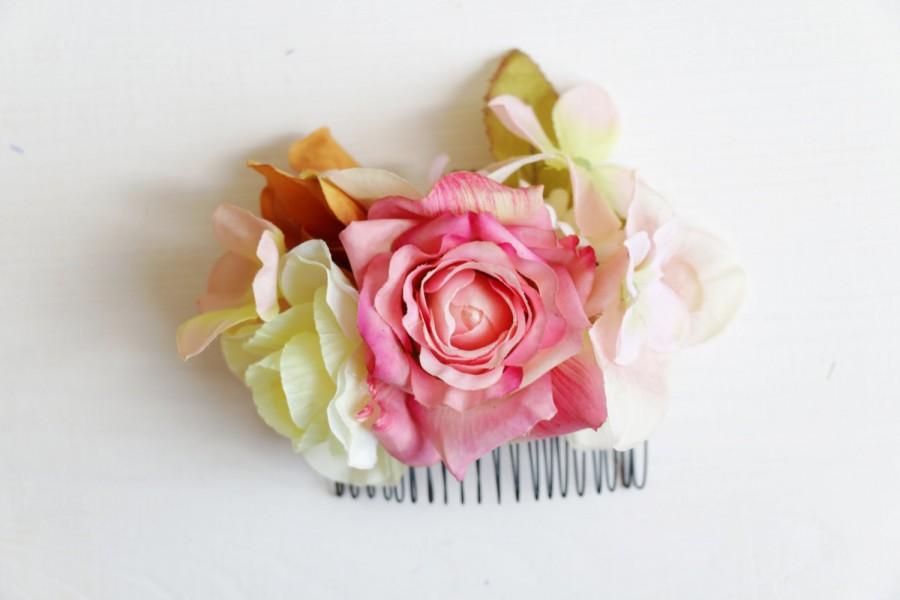 زفاف - Bridal Hair Accessory, vintage pink rose & peach Hydrangea , Bridal Hair comb hairpiece flower, Bridesmaid, Rustic outdoor wedding woodland