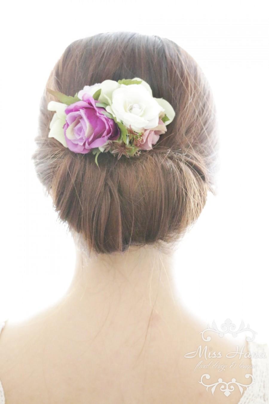 زفاف - Bridal Hair Accessory, white purple rose, Bridal Hair comb hairpiece flower Bridesmaid Rustic Vintage outdoor wedding woodland
