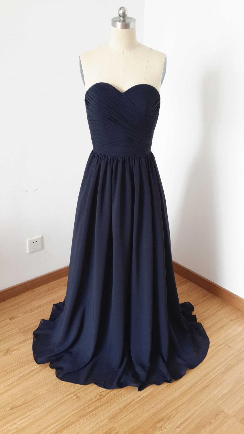 Hochzeit - Sweetheart Navy Blue Chiffon Floor-length Long Bridesmaid Dress