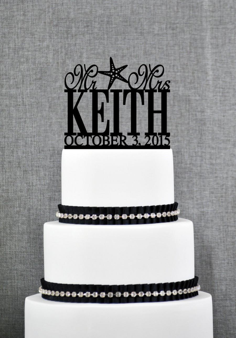 زفاف - Beach Theme Mr and Mrs Last Name with Starfish Wedding Cake Topper with Date, Personalized Cake Topper, Summer Destination Wedding - (S035)