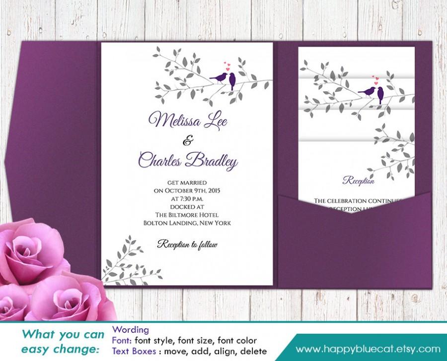 زفاف - DiY Printable Pocket Wedding Invitation Template SET- Instant Download -EDITABLE TEXT- Tree Branch Love Birds - Microsoft® Word Format HB123