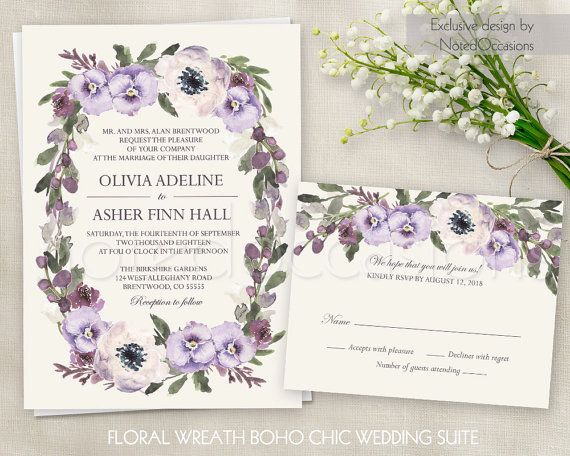 Mariage - Floral Wedding Invitation Printable Suite Boho Wedding Invite Floral Wedding Customizable Wedding DIY Wedding Invitation Set Purple Lavender