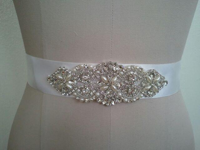 زفاف - Wedding Belt, Bridal Belt, Sash Belt, Crystal Rhinestone & Off White Pearls  - Style B200099