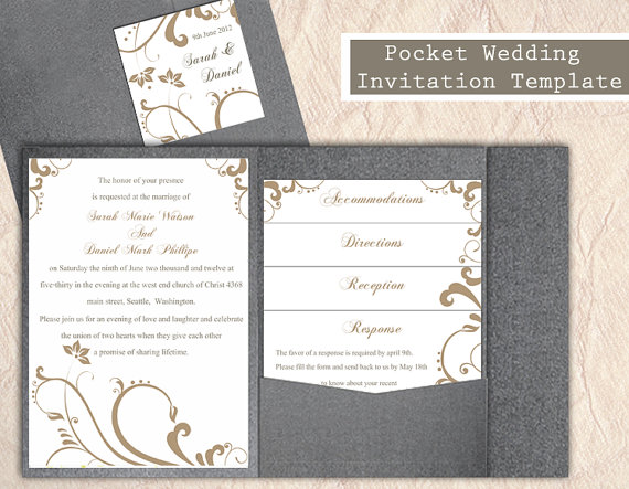 زفاف - Pocket Wedding Invitation Template Set DIY Instant Download EDITABLE Word File Gold Invitation Printable Floral Invitation Wedding Templates