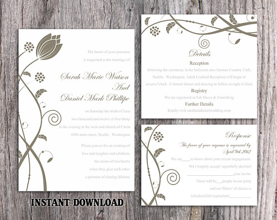 Hochzeit - DIY Wedding Invitation Template Set Editable Word File Instant Download Printable Gray Wedding Invitation Flower Invitation Black Invitation