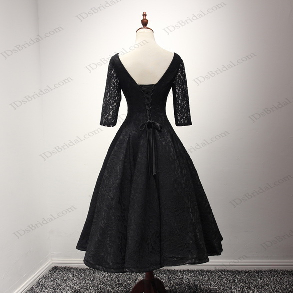 زفاف - PD16048 Vintage style black lace tea length prom dress for sale
