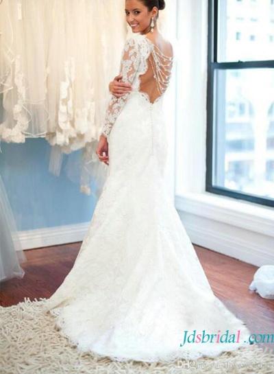 Mariage - 2016 illusion lace bateau neck mermaid wedding dress with sleeves