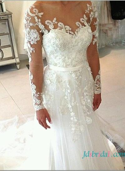 Mariage - beaded sheer top mermaid wedding dress with long sleeves