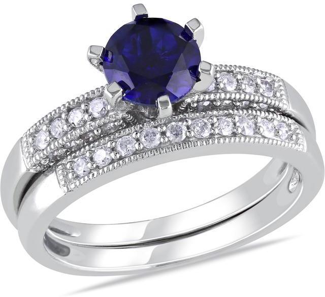 زفاف - Sofia B 1 1/3 CT TW Sapphire and Diamond Bridal Set in 10K Milgrain White Gold
