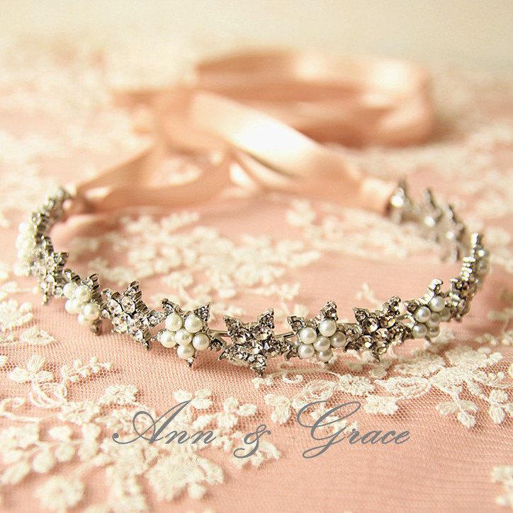 زفاف - Lovely Crystal and Pearl Bridal Headband, Star Tiara, Rhinestone Bridal Crown, Wedding Headpiece
