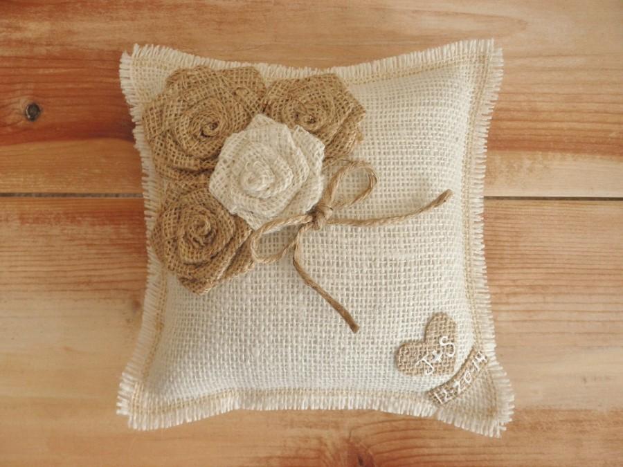 Hochzeit - 8" x 8"  Off-White Burlap Ring Bearer Pillow w/ Jute Twine and Rosettes-Personalize w/ Initials + Date- Rustic/Country/Shabby Chic/Wedding