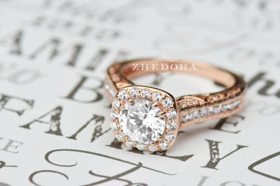 Hochzeit - 2.80 CT Engagement Ring Round Cut halo 14k SOLID Rose Gold Bridal Band Unique Bridal Band, Lab Created Diamond Filigree band