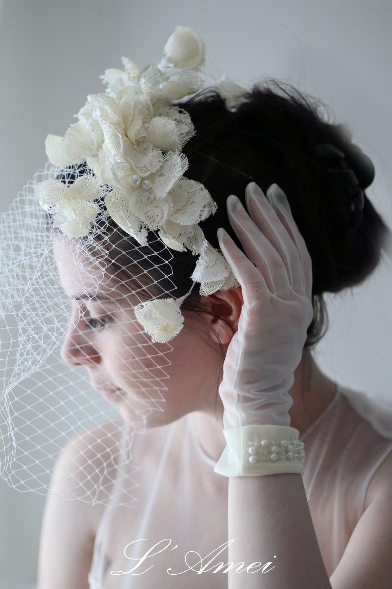 Wedding - Birdcage Veil, Blusher Veil, Wedding lace Veil, Bridal Veil - Cream colored linen flower wedding Veil