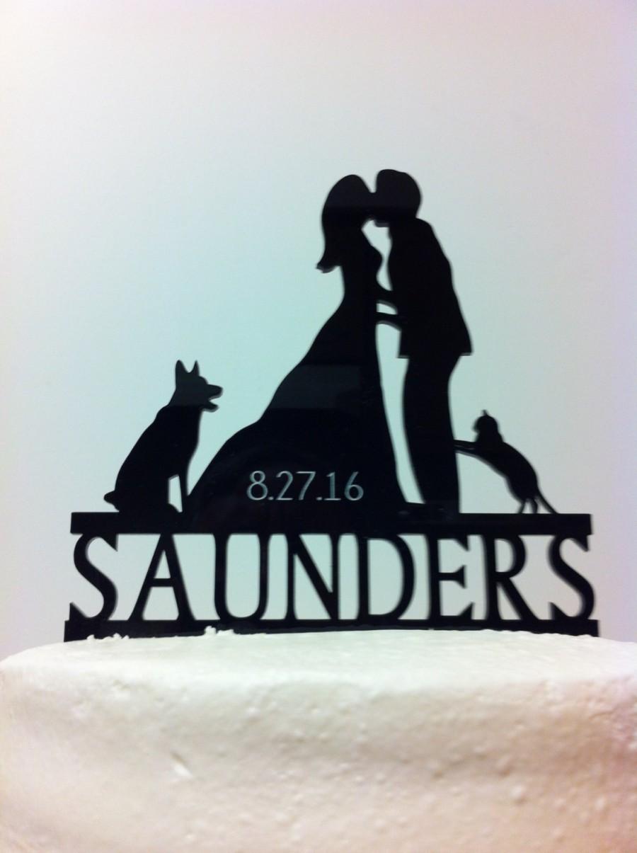 Hochzeit - Kissng Couple With Dogs Silhouette With Surname, Last Name, Engraved Date Wedding Cake Topper MADE In USA…..Ships from USA