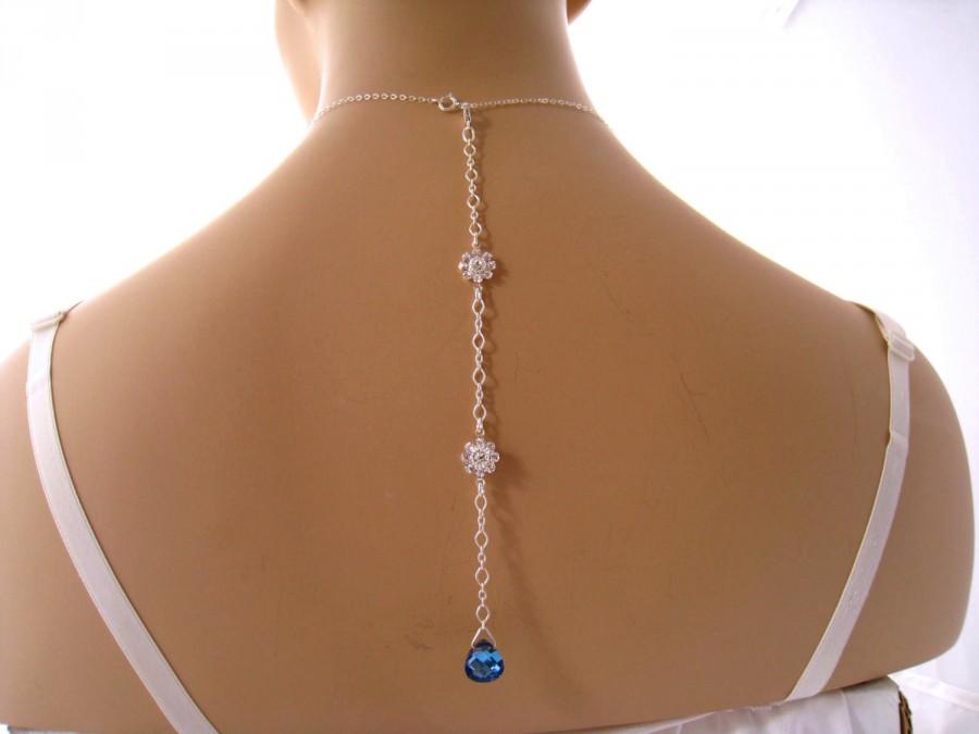 Hochzeit - Bridal Back Drop Necklace, CZ Blue Bridal Necklace, Sterling Silver, Blue Swarovski Jewelry Detachable Back Drop, Custom Removable Back Drop