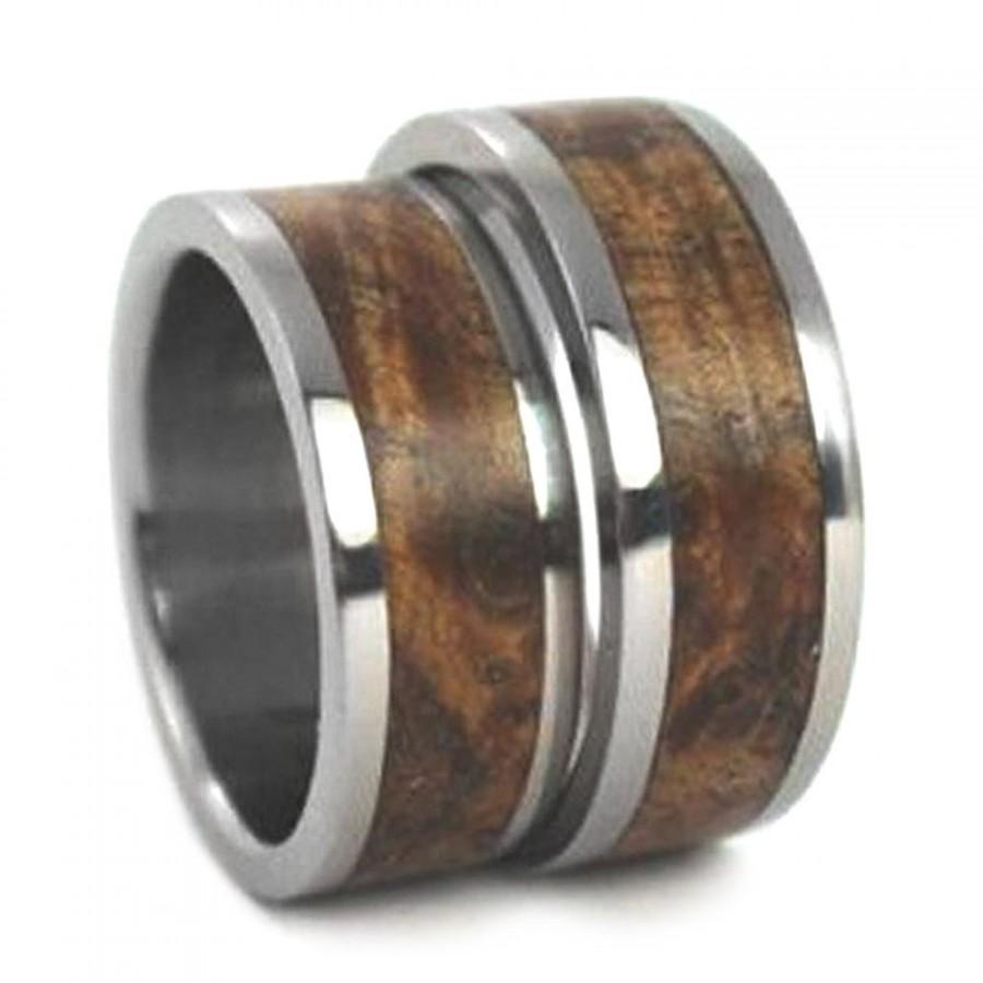 Свадьба - Black Ash Burl Wood Inlaid Titanium Ring, Wooden Wedding Band Set, Ring Armor Included