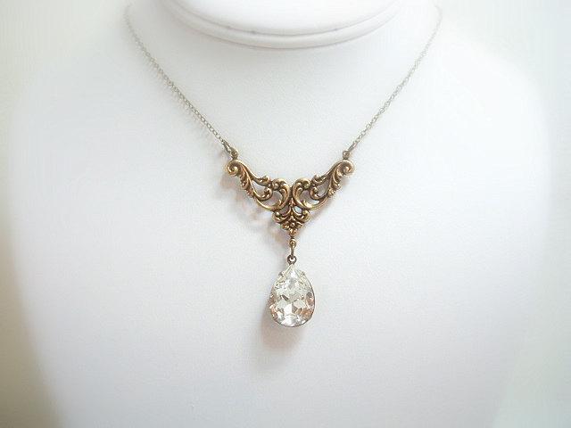 زفاف - Bridal necklace, Vintage style necklace, Wedding jewelry, Swarovski crystal necklace, Antique Gold necklace, Bridesmaid necklace, Teardrop