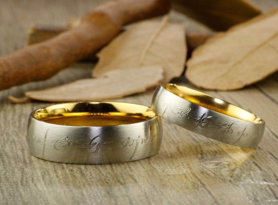 Hochzeit - Handmade Gold Dome shape Custom Your words in Elvish Tengwar, Matching Wedding Bands, Couple Rings Set, Titanium Anniversary Rings Set