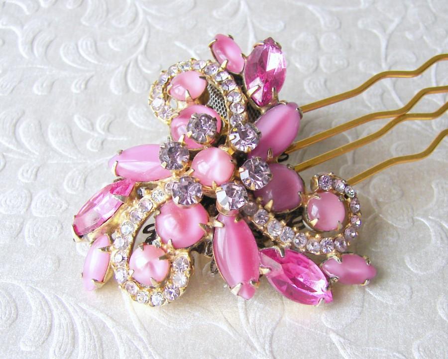 Mariage - Pink Rhinestone Hair Comb Vintage Jewelry Headpiece Jeweled Wedding Hairpiece Ballroom Costume Pageant Accessory Downton Gatsby Boho Bride