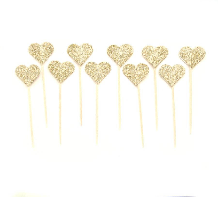 زفاف - 12 Gold Glitter Heart Cupcake Toppers - wedding, engagement, birthday, baby shower, tea party