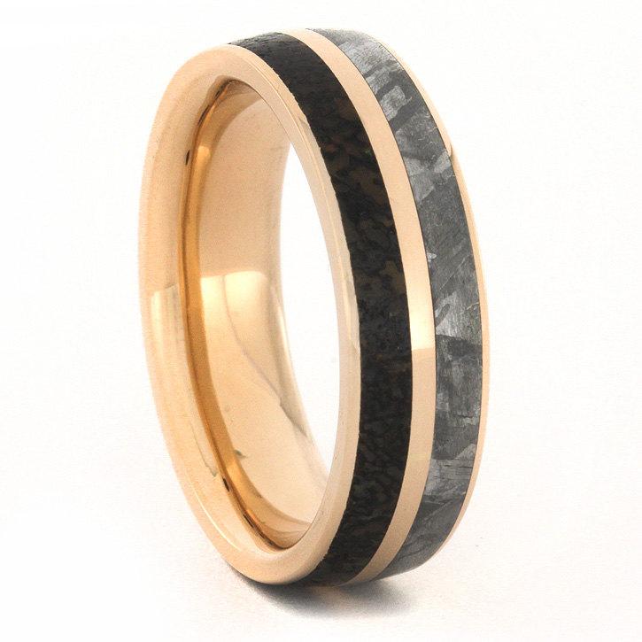Свадьба - Rose Gold Wedding Ring, Dinosaur Bone and Gibeon Meteorite Inlays, 14K Rose Gold Pinstripes and Sleeve, Mens Wedding Band