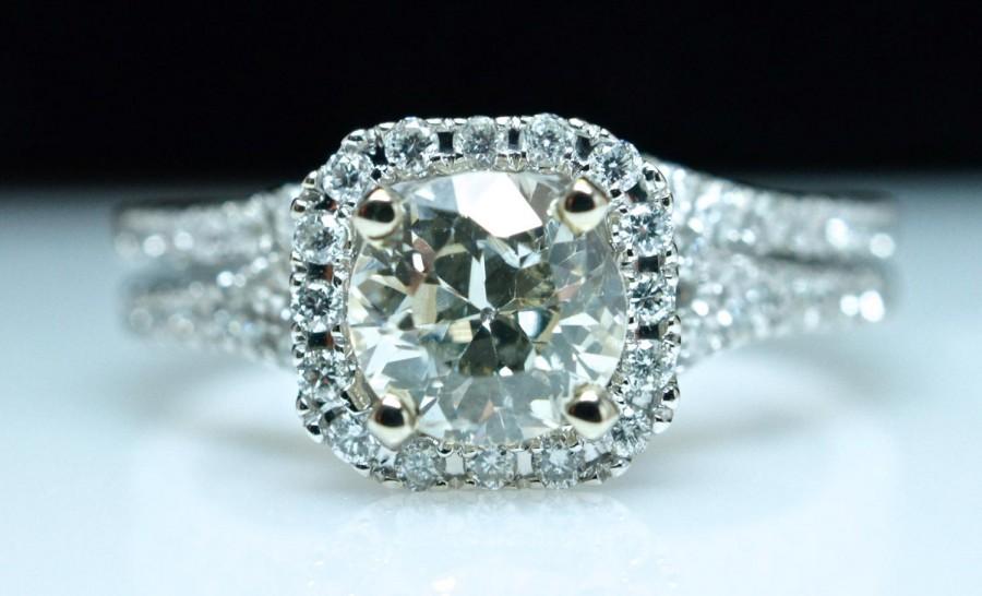 Mariage - Solitaire Halo 1.4cttw Diamond Engagement Ring & Matching Wedding Band Set- 18k White Gold (Complete Bridal Wedding Set)
