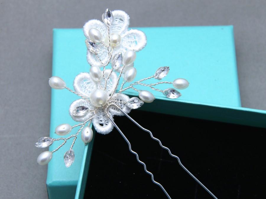 Wedding - Lace Flower Pearl Bridal Hair Pin, Wedding Flower Girl Hair Pin, Faux Pearl Lace Rhinestone Crystal Wedding Bridal Hair Stick Accessories