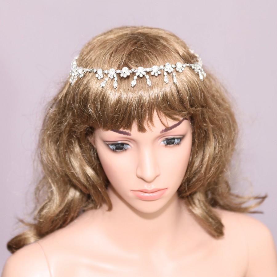 Wedding - Vintage Rhinestone Bridal Halo, Forehead Crystal Hair Swag Wedding Halo, Forehead Rhinestone Chain Bridal Headpiece, Ribbon Hair Chain