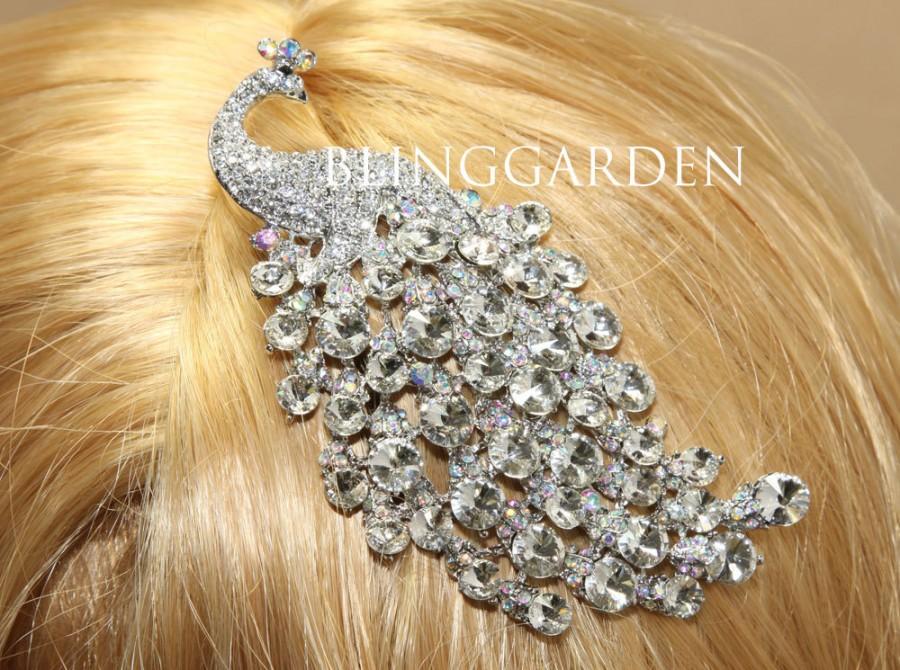 Wedding - Bridal Hair Comb, Wedding Hair Comb, Large Peacock Hair Comb, Rhinestone Crystals Silver Hair Comb, Peacock Rhinestone Crystal Hair Comb