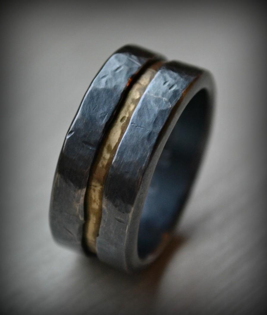 Wedding - Mens wedding band, rustic fine silver and brass ring, handmade oxidized artisan designed wedding or engagement band - customized