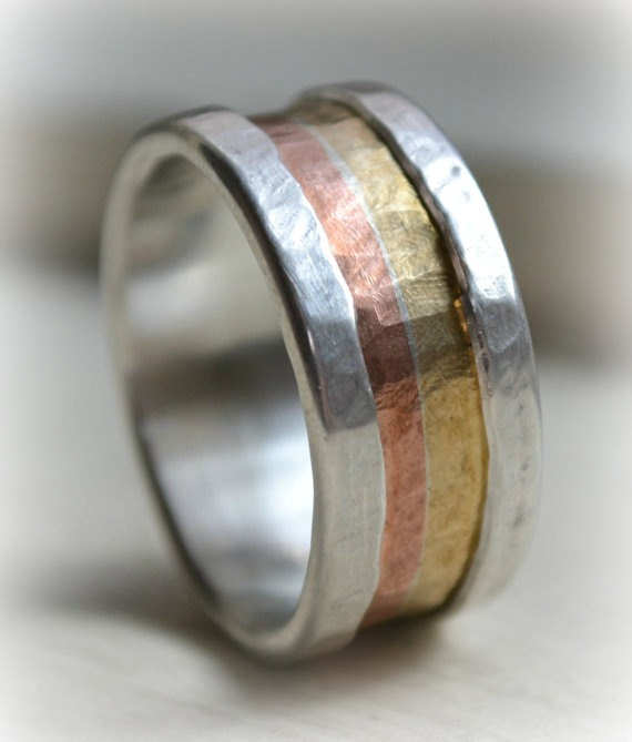 زفاف - mens wide band ring - Marriage of Metal fine silver with copper and brass - handmade artisan designed wedding band - silver lining