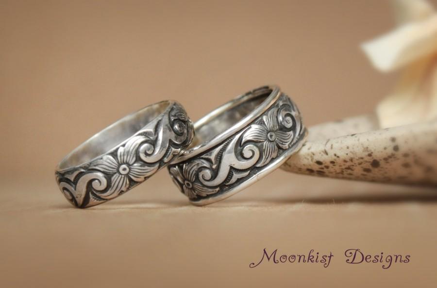Wedding - Scroll and Starburst Flower Wedding Band Set with Wide and Narrow Bands in Sterling - Silver Scroll Pattern Band - Promise, Commitment Band