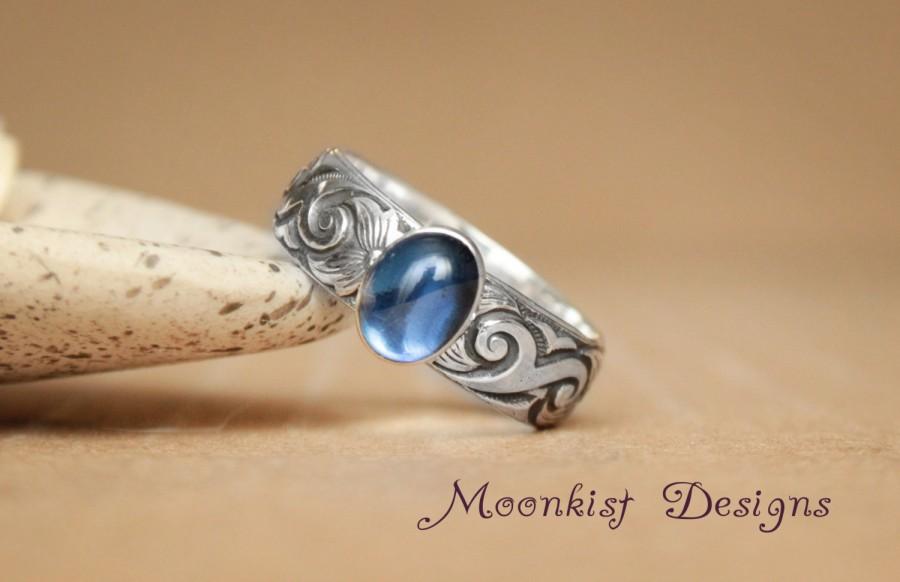 Wedding - Sapphire Promise Ring with Wide Scroll Pattern Band in Sterling - Silver Unique Engagement Ring or Commitment Ring -  September Birthstone