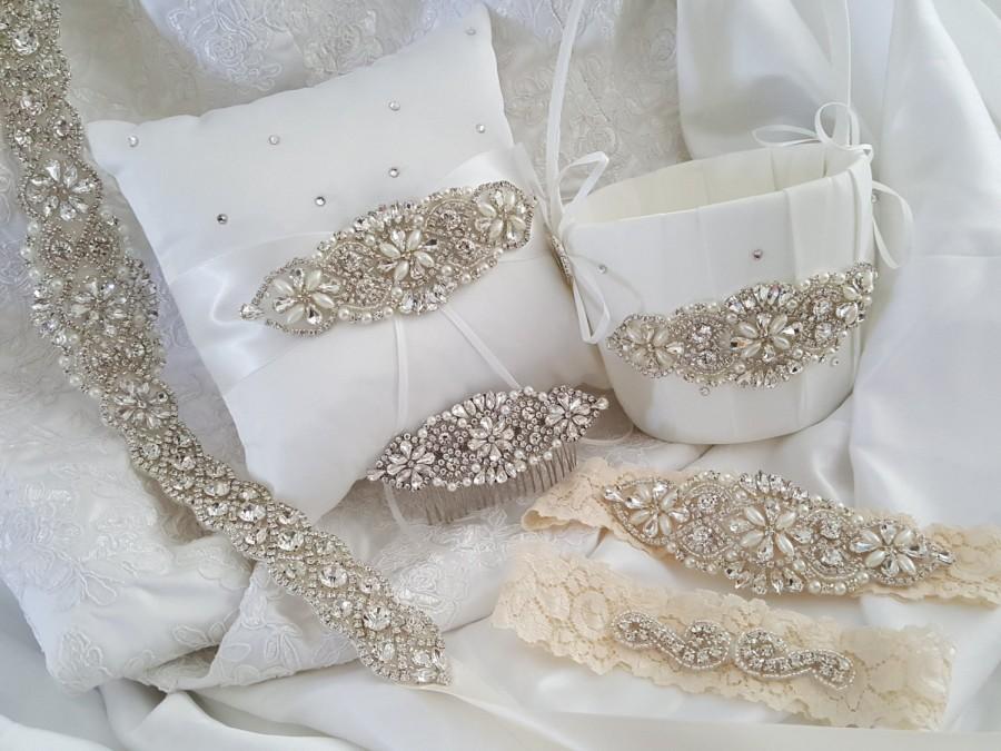 Hochzeit - Wedding Accessories, Bridal Accessories, Bridal Belt, Bridal Garter Set, Bridal Hair Comb, Flower Girl Basket, Ring Bearer Pillow