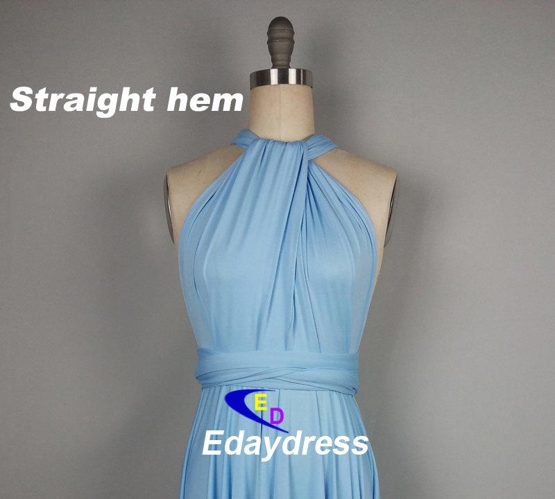 Wedding - Straight Hem Knee Tea Length Silver Bridesmaid Dress Convertible Wrap light Blue Infinity Dress