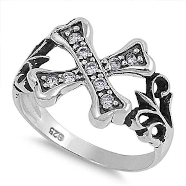 Wedding - Solid 925 Sterling Silver Round Clear CZ CrissCross X Shape Bikers Design Men's Cross Ring Fleur de lis side Design Religious Jewelry gift