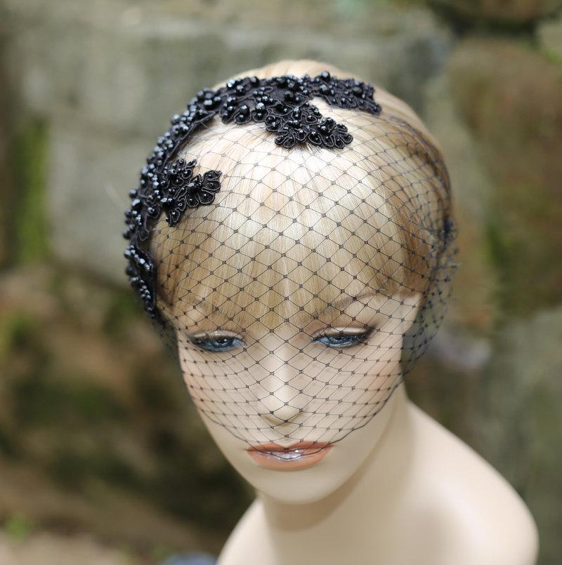 Wedding - Black Birdcage Veil With Lace Bridal Bridesmaid Wedding Special Occasion Hair Accessory