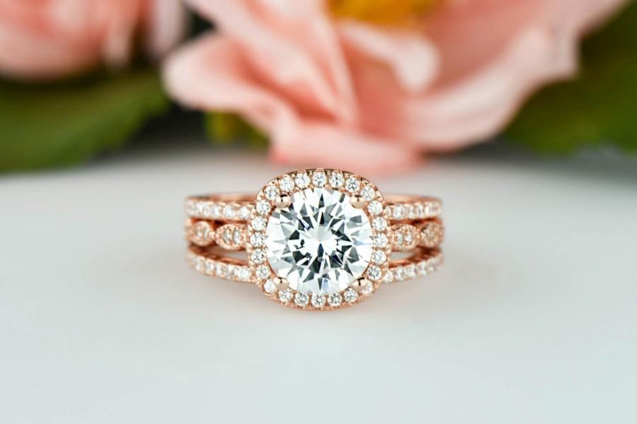 Mariage - 2.25 ctw Vintage Style Wedding Set, Art Deco Engagement Ring, 3 Band Halo Ring, Man Made Diamond Simulant, Sterling Silver, Rose Gold Plated