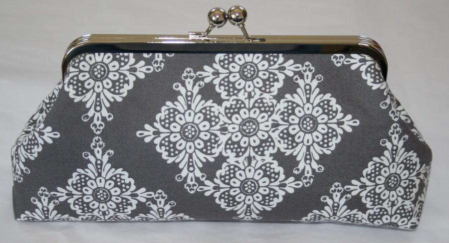 Mariage - Grey White Bridesmaid Clutch/Charcoal Gray White Lace Clutch Purse