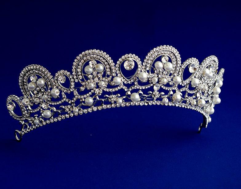 Wedding - Classic crystal&pearl tiara,  Swriling wedding crown, Royal crystal bridal tiara, Rhinestone wedding  crown, Floral tiara, Silver