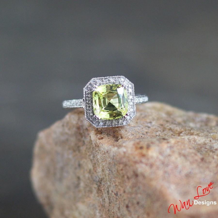 Hochzeit - Yellow Sapphire Diamond Halo Antique Filigree Engagement Ring Cushion 2ct 7mm 14k 18k White Yellow Rose Gold-Platinum-Custom-Wedding Asscher